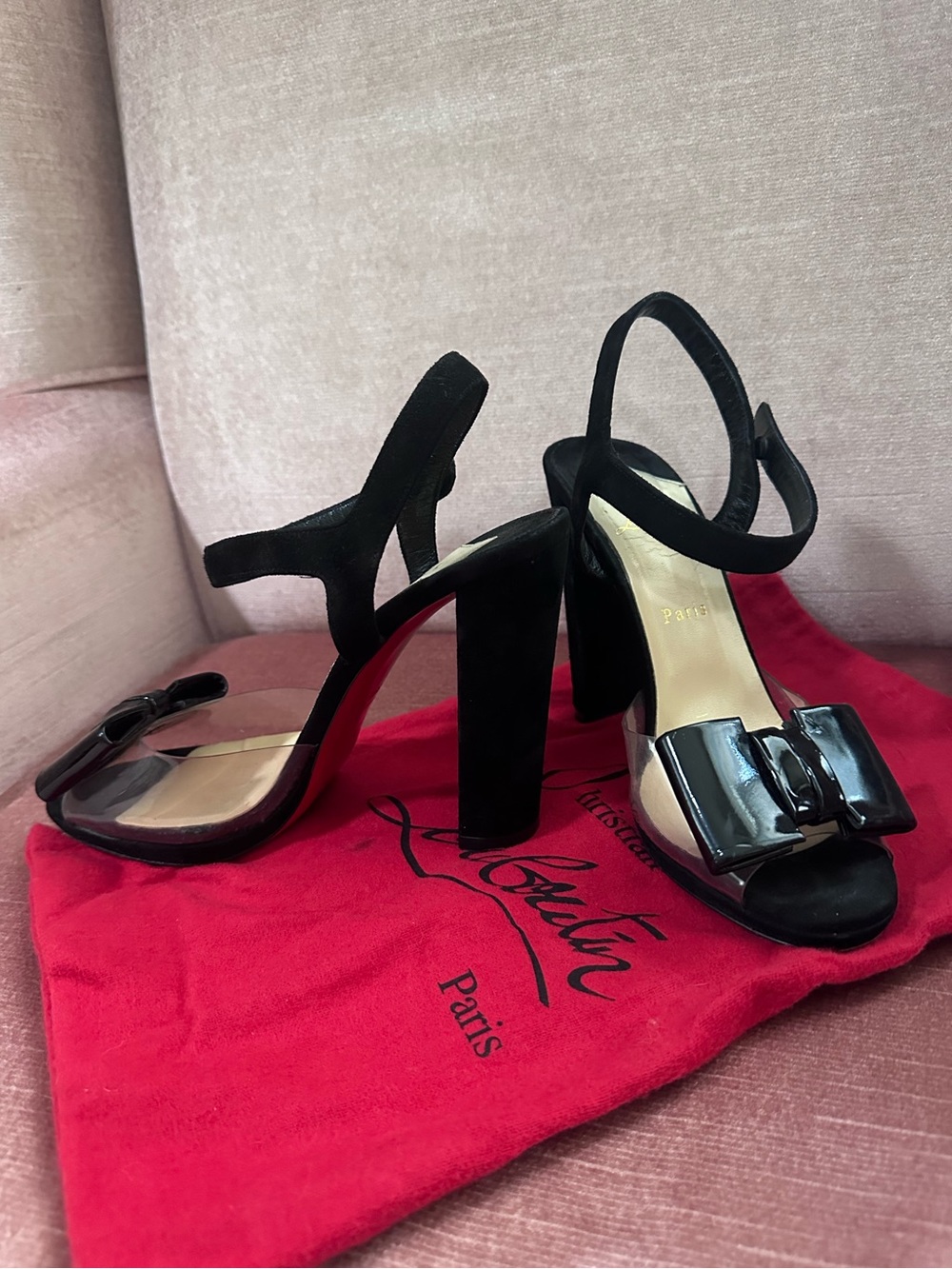 Christian Louboutin Black Patent Bow Block-Heel Sandals with Suede and PVC Vamp